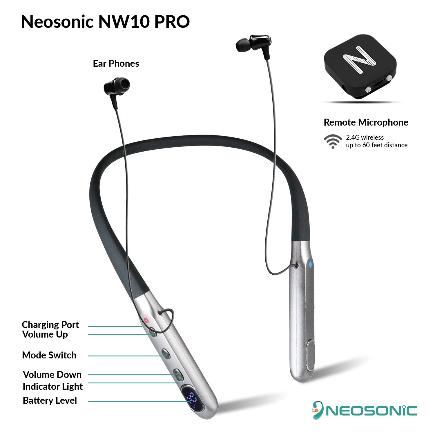 NW10 Pro Neckband Listener wiederaufladbarer Hörverstärker mit drahtlosem Mikrofon